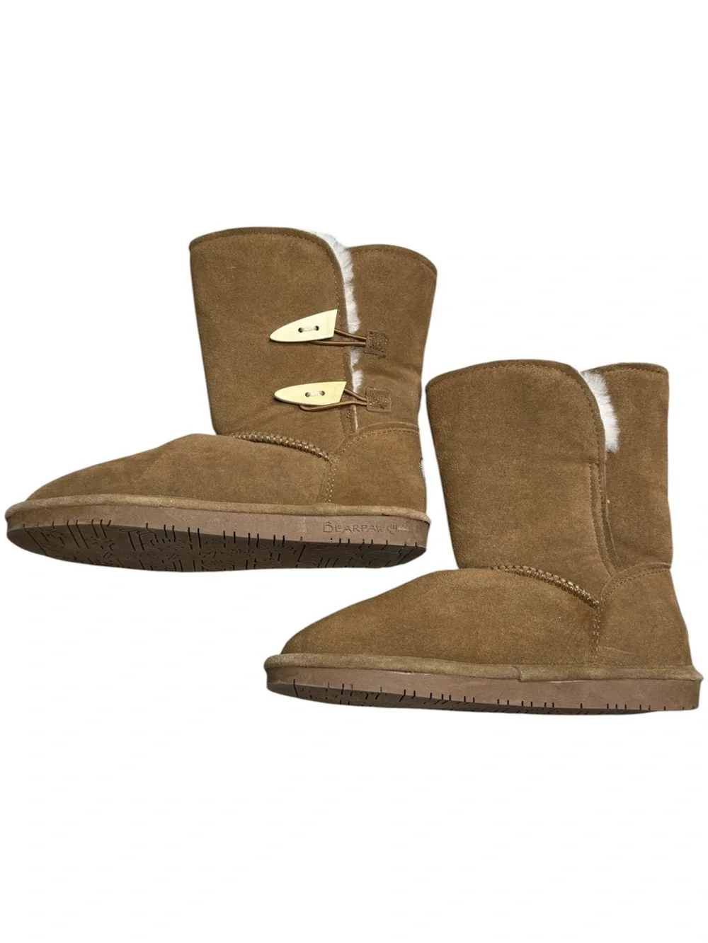 BEARPAW Brown Suede Sheepskin Lined Winter Boots Women’s Size 7 Toggle Mid Calf